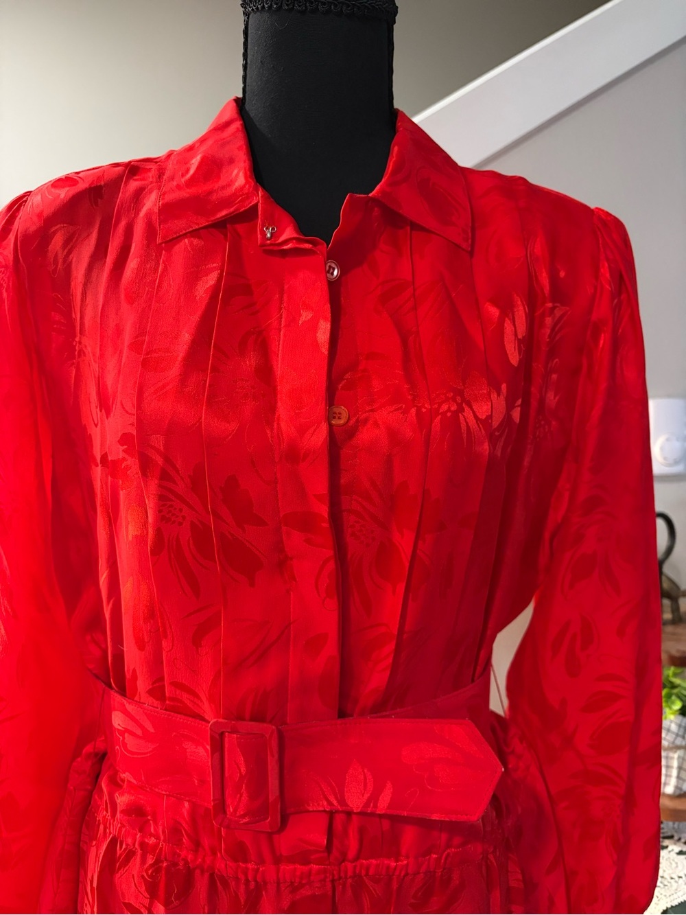 Vintage Lorenzo Red Silk Floral-Jacquard Dress - Picture 2 of 5
